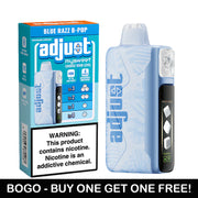 Adjust MySweet Rechargeable Disposable Vape in Blue Razz B-POP flavor, with packaging showing the 4 adjustable sweetness levels (up to 40,000 puffs). BOGO - Buy One Get One Free.
